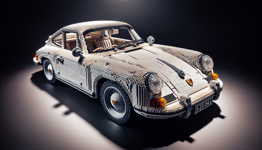 A highly detailed and intricate Lego model of a classic Porsche car. The Lego model depicts the car in a miniature scale, showcasing the prowess of Lego architecture. All intricacies of the car, inclu