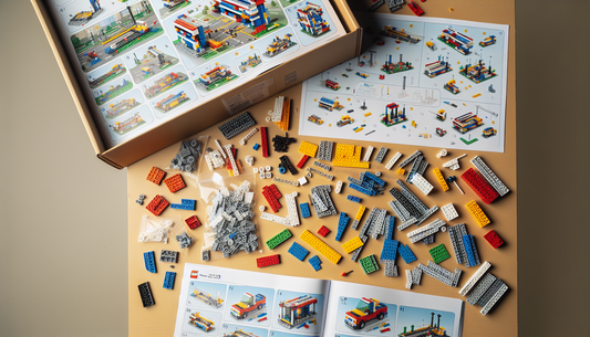 A view of a newly unboxed building block set number 21333, where each plastic piece is designed to interlock with the others. The set is spread out on the table, with the instruction manual open besid