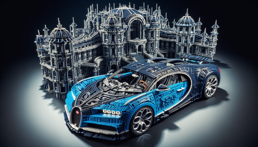 An elaborate and luxurious building ensemble composed of countless plastic building blocks, resembling a high-end sports car. The structure reflects the intricate design of a Bugatti Chiron with its c