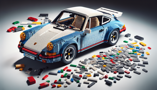 A Lego model of the classic Porsche 911. The car is made entirely from numerous colorful Lego blocks, showcasing its intricate design. Its unique and recognizable shape has been faithfully represented