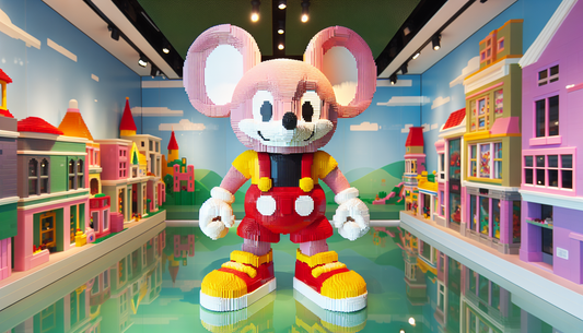 A vividly colored display of a whimsical building scenario achieved via small, connectable plastic pieces. Resembling a popular cartoon mouse with round ears, wearing red shorts, yellow shoes, and whi