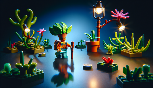 The adventurous journey of a miniature buildable hero from a planet of flora, who resembles a tree and talks with a limited vocabulary, in a LEGO-style representation.