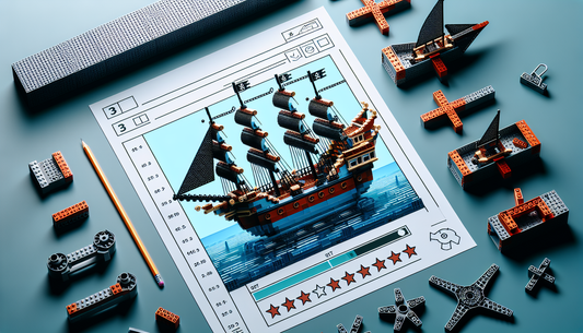 An image that represents a review of a construction toy set, specifically a 3-in-1 pirate ship model. The construction toy set should be displayed in all its glory, with the pirate ship, in its three