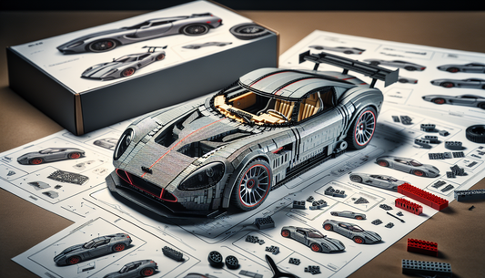 A detailed depiction of a miniature sports car model, made primarily from building blocks. The model should have the sleek, aerodynamic shape typical of high-performance automobiles, including distinc