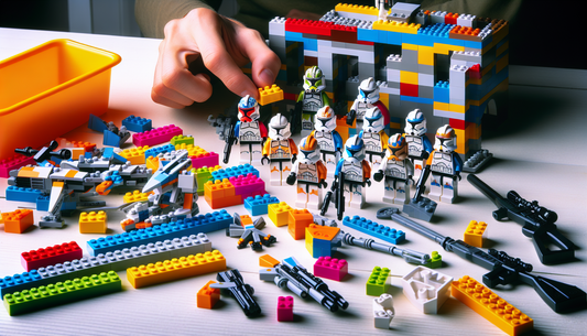 Creating a detailed scene of a building process showcasing a multicolored building brick set that is synonymous with an iconic sci-fi series. This particular set represents a famous faction of clone t
