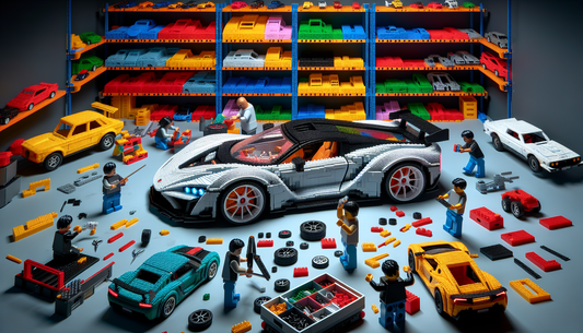 A world made of colorful plastic building blocks where mechanics are creating a model of an exotic supercar. The scene showcases blocks of different shapes and sizes being meticulously assembled into