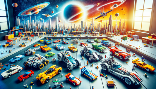 Picture a grand scene of pure joy and creativity happening inside an imaginative playroom. A collection of LEGO cars are spread out on a large table. These toy cars of different shapes, sizes, and vib