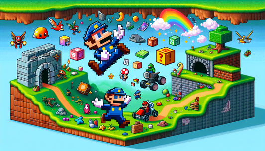 Imagine a scene associated with the joy of building blocks, inspired by classic adventure video games. There's a playful landscape filled with grassy hills, subterranean tunnels, floating platforms an