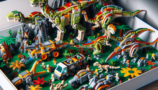 A detailed look at a construction toy set, inspired by prehistoric adventures. It should include various blocks in an array of colors, forming elements such as dinosaurs, vegetation, vehicles, and min