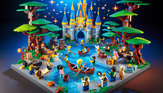 Construct a whimsical scene featuring miniature, plastic, interlocking blocks, reminiscent of Lego. In this fantastical world, let's see a grand Disney-style castle resplendent in vibrant colors at th
