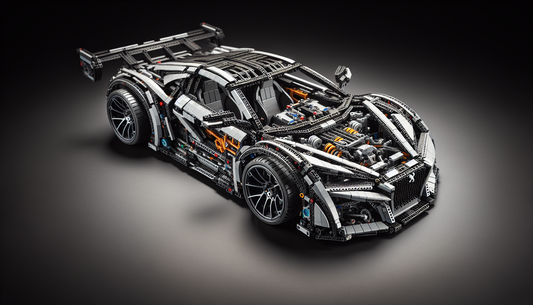 A detailed exploration of a Lego Technic model resembling a generic sports car, designed in the likeness of a Peugeot. The car features a sleek aerodynamic body with sweeping lines, deep-dish wheels,