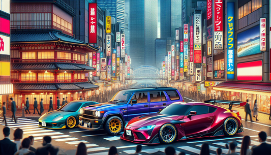 Visualize a scene that showcases the unique characteristics of Japanese Domestic Market (JDM) cars. There should be a variety of JDM vehicles, including a sleek sports car, a robust SUV, and a compact