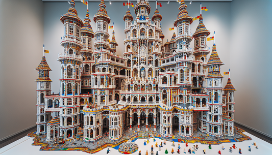 Exploring a monumental and intricately detailed construction toy castle, built from small, colorful interlocking plastic bricks with multiple layers, rooms, and mini figures. The design of the castle