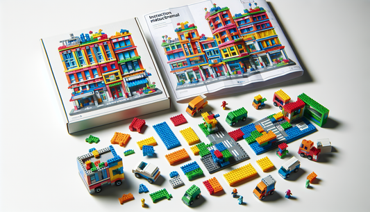 Generate an image of a generic plastic interlocking toy set, with various vibrant pieces. The set should have elements of a vibrant city theme, including buildings, vehicles and small figures to repre