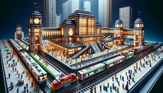 Explore the intriguing world of construction blocks: get a closer look at a giant playset resembling an urban transportation hub. The set boasts numerous components mimicking real-life structures -- a