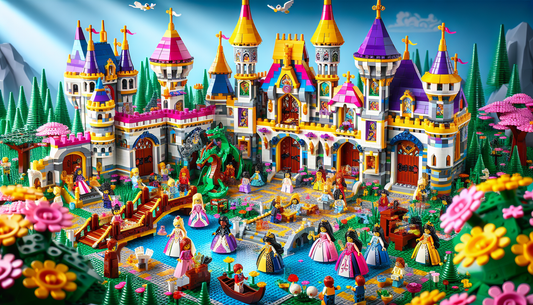 A colorful and whimsical image showcasing the world of LEGO princess sets. The picture is teeming with bright plastic bricks depicting regal castles with soaring towers, intricate drawbridges, and exp
