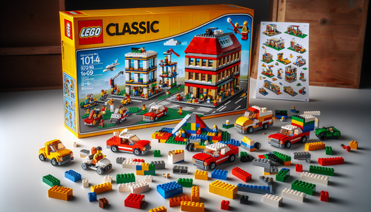 A detailed view of the LEGO Classic Set 10698. In the picture, LEGO blocks of various sizes and colors are laid out, including red, yellow, green, blue, and white. In the background, there's the box o