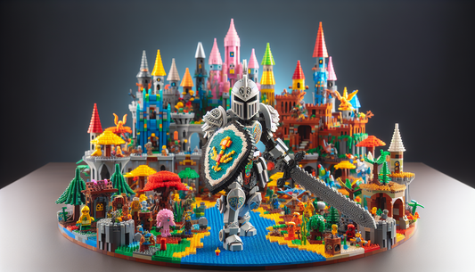 A captivating miniature world constructed entirely out of interlocking building blocks, such as Lego. The main focus is on a guardian character, the Defender, an intricately-designed building block fi