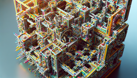 Visualizing the excitement and inventiveness through an intricately assembled plastic construction kit with multitudes of tiny bright colored, interlocking pieces. The construction set's design is int