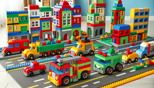 Create a fun and immersive scene with a variety of large-sized, brightly colored building blocks, familiar to those found in popular children's construction toy sets. They interlock into various creat