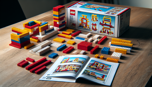 A detailed view of a generic interlocking brick toy set. The bricks come in a variety of shapes and colors, including red, yellow, blue, and white. Among the pieces is a rectangular 'base' brick, as w
