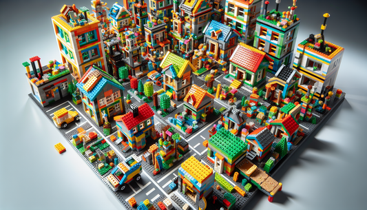 A detailed image showcasing the features of a construction toy set. The set includes diverse and vividly colored building blocks that come in various shapes and sizes. These building components are de