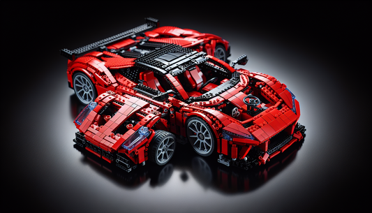 A miniaturized masterpiece in the form of a buildable set, resembling a sleek sports car with a vibrant red exterior. The set would have tiny bricks and components arranged and built to mimic the feat