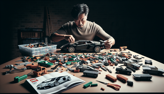 An intricate scene where an individual with expert skills is constructing an impressive model of a Lamborghini car using small building blocks. The individual, an Asian man in his early thirties, has