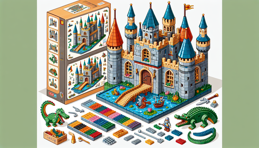 An illustration showcasing a generic block-style building set similar to popular construction toys. The scene featuring the well-assembled toy set composed of multicolored interlocking plastic bricks.