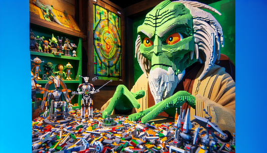 A fascinating visual representation of intricate LEGO sets build into a wise, green alien puppet master from a popular science fiction series, reminiscent of an iconic character known for its enigmati