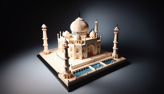 An intricate and carefully constructed replica of the Taj Mahal, made entirely from LEGO bricks. The architectural design accurately captures the dome, the four minarets, as well as the entrance gate.