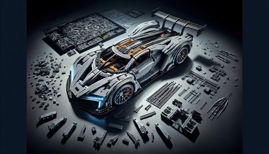 Imagination brought to life: A detailed visual journey into a building-block sports car model set. The set includes meticulously crafted tiny blocks that, when combined, take the form of a high-speed