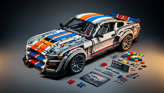 An array of vibrant Lego Technic bricks transformed into a model of the iconic Ford Mustang Shelby GT500. The model is meticulously designed, highlighting the car's distinguishing features such as its