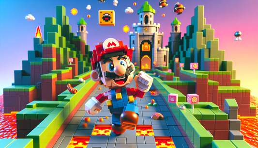 A lively gaming experience depicted through building blocks. A nondescript video game character with distinguishing characteristics, inspired by a plumber. This character is wearing a red hat with a l
