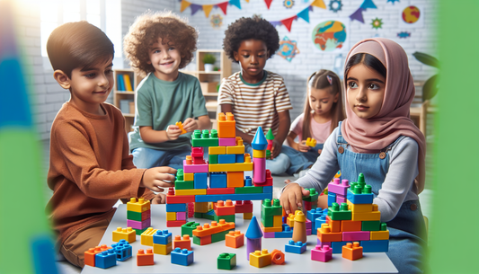 Picture a scene featuring a new educational tool for children made of colorful, interlocking plastic bricks, typically known as 'building blocks'. The tool, named 'SPIKE', showcases a variety of shape
