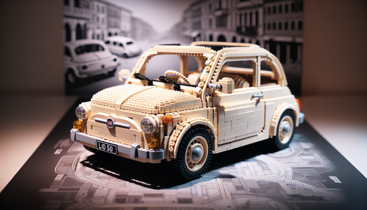 A detailed image of a LEGO set built to resemble a classic Fiat 500 car. The toy model should be colored in a soft cream with intricate small bricks forming its distinct curved silhouette and other re