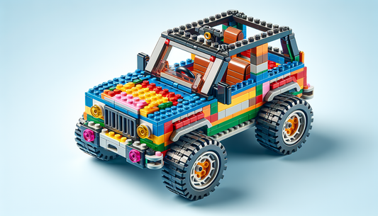 Create a 3-D image of a toy from a popular brick-based construction set. The model number is '41443' and it's designed to be a four-wheeled car with various colored bricks across the assembly. Please