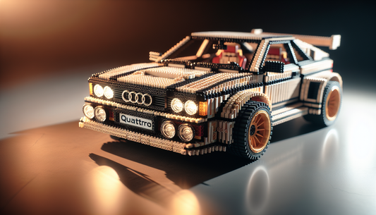 A toy car made from interlocking plastic building blocks, similar to LEGO, modeled after a distinguished sporting car - the Quattro from the car engineering powerhouse, Audi. Emphasize on the intricat