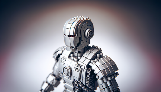 Visualize a scene where a character similar to a well-known metallic superhero is recreated using small plastic bricks. The armored champion, known for his intellect and gadgets, is depicted in bright