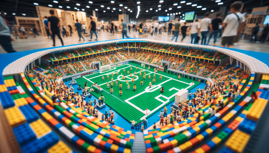 An engaging view into a DIY building project. Picture a miniature replica of a vast football stadium made out of multicolored connector building blocks. The details are exquisite, from the tiny audien