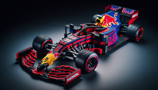 An impressive car built with small, colorful, interlocking toy bricks. The design of the car is heavily influenced by Formula 1 vehicles, sporting a sleek and aerodynamic shape. It's dominated by a pr