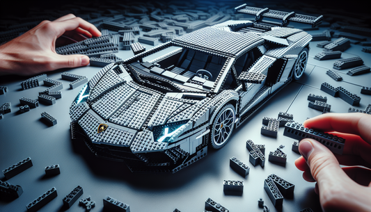 A highly detailed plastic brick model of a luxury sportscar, resembling a Lamborghini Aventador. The scenario showcases tiny interconnecting toy bricks being assembled to form the sleek and streamline