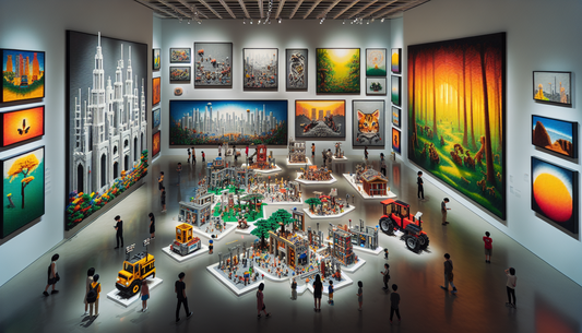 An art gallery filled with masterpieces created from colorful plastic bricks, often known as Lego. The artwork varies significantly in size and complexity, ranging from small sculptures to massive ins