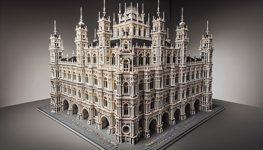 A detailed view of a large, iconic plastic brick assembly toy set, reminiscent of popular interlocking building blocks. The structure is vast, beautiful, and contains intricate architectural elements.