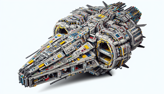 Detailed look at a collectible building-block toy set, resembling a large intergalactic ship, complete with multiple compartments, unique block shapes, and a variety of color patterns. The design cons