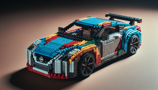 An image of a toy car built from numerous multicolored plastic bricks. The design of the car resembles a Nissan, with carefully crafted features such as headlights, doors, and wheels. It should exhibi