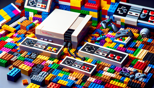 Imagine a fusion of building blocks and a classic gaming console. A scene filled with vibrantly colored plastic bricks shaped into different elements of a gaming theme: a vintage console, a controller