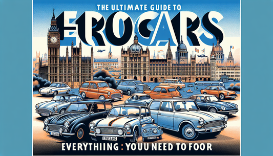 An illustrative cover design for a guide book titled 'The Ultimate Guide to Eurocars: Everything You Need to Know'. It should feature a variety of European cars from various eras parked in front of a