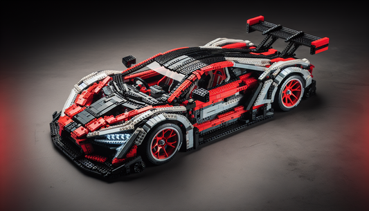 A highly detailed miniature toy car composed of colorful interlocking bricks, closely resembling the design of a high-end sports car. The car exhibits sleek lines and aerodynamic features, including a