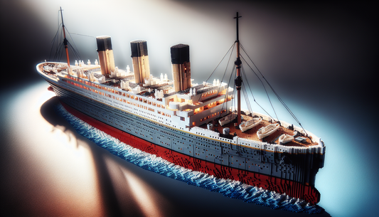 A detailed close-up view of a miniature scale model of the Titanic ship made entirely from LEGO blocks. The model accurately represents the historical liner with its iconic four funnels, numerous deck